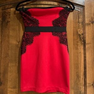 Red dress with black lace accents